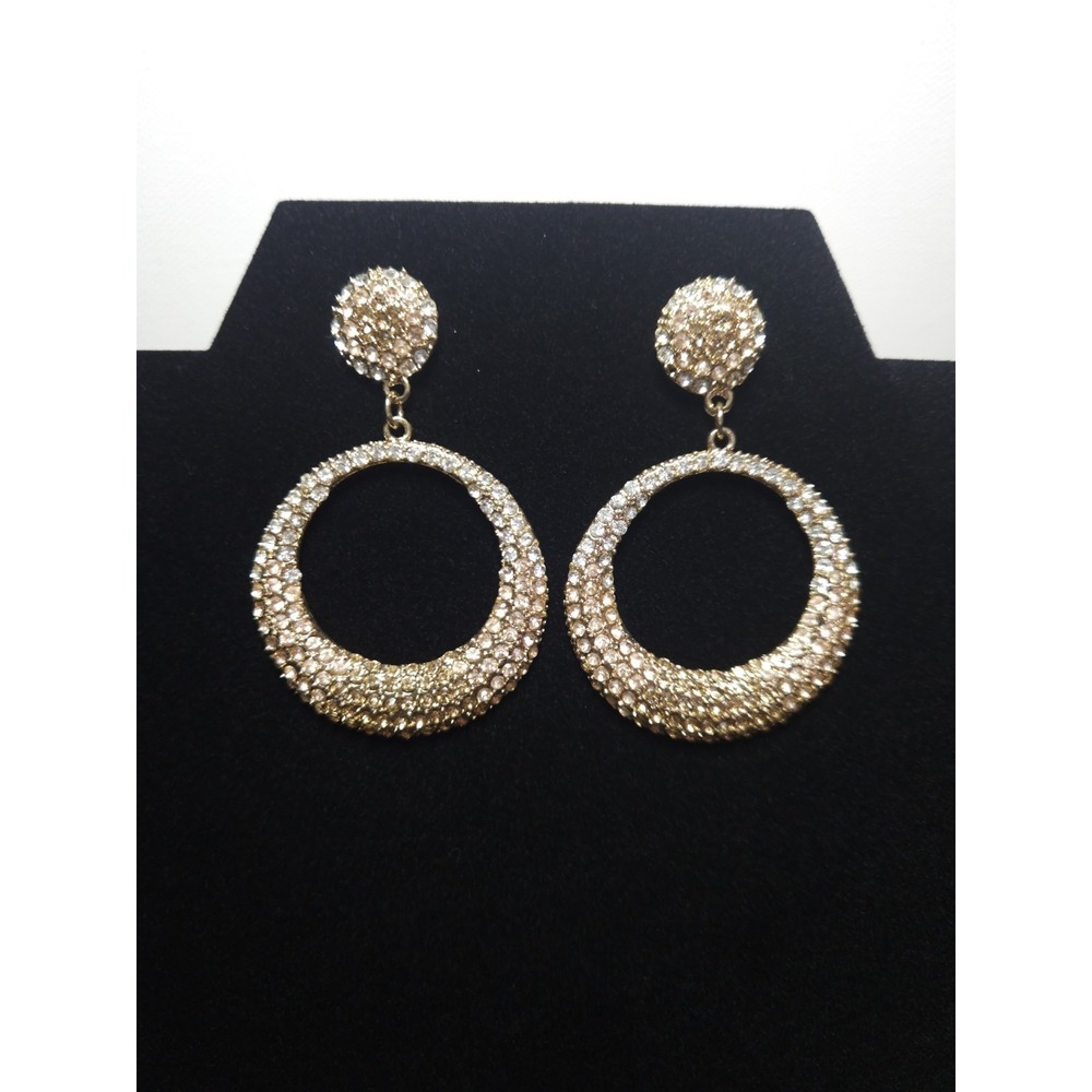 Vintage AVON Gold Tone Pave Rhinestone Open Circle Dangle Drop Hoop Earrings